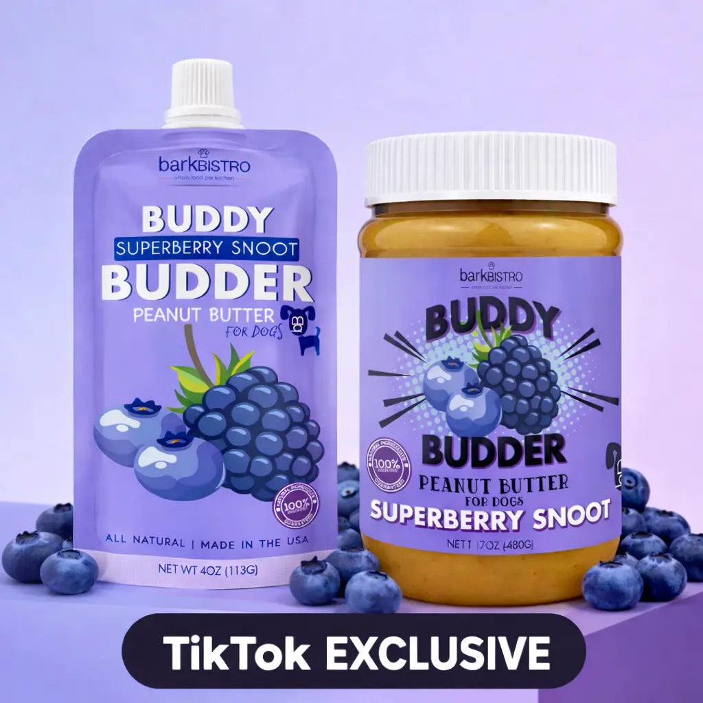 2Pk Superberry Snoot Buddy Budder Peanut Butter Dog Treats 17Oz + 4Oz Squeeze Pouch- Unsalted Peanuts & Strawberries, Natural, 12 Months, Single Item