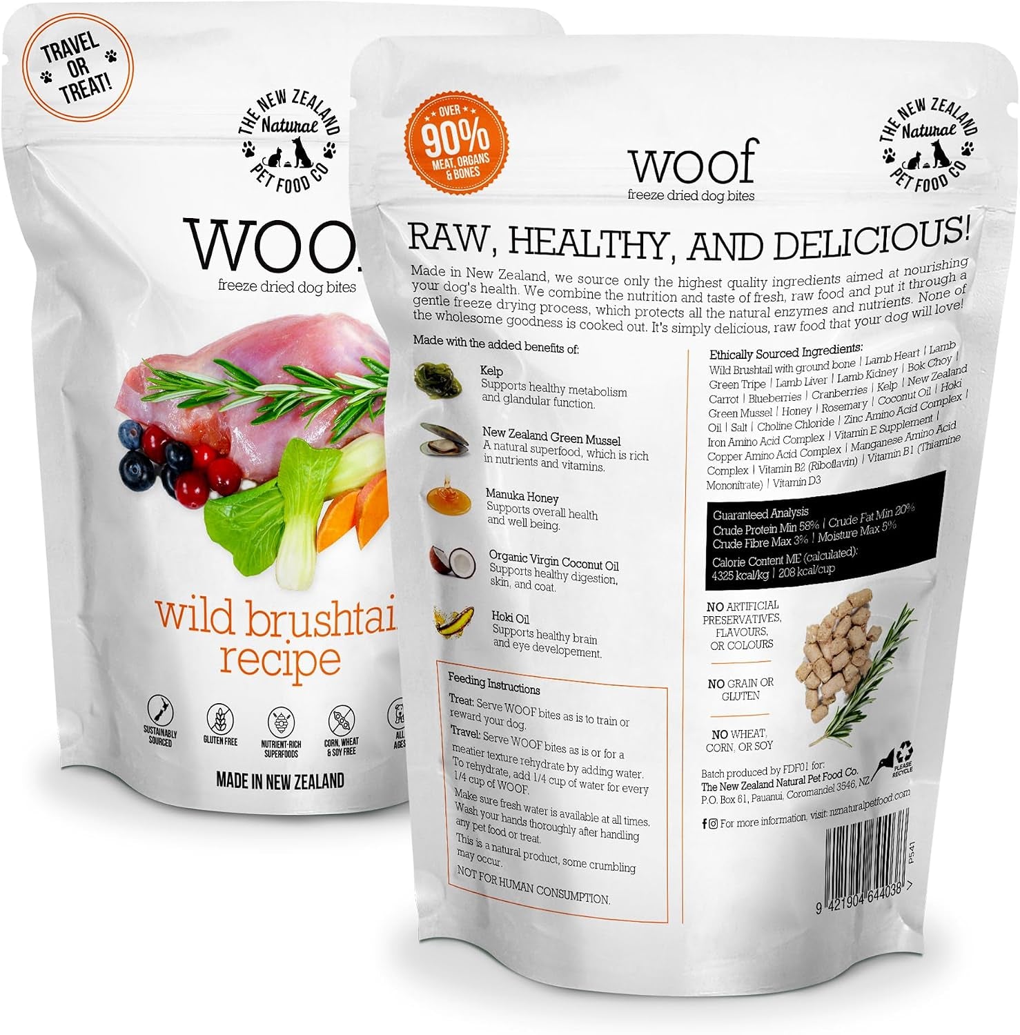 Woof Freeze Dried Dog Food - Wild Brushtail, High Protein, Complete Diet, Dog Treats, All Life Stages - 1.76 Oz