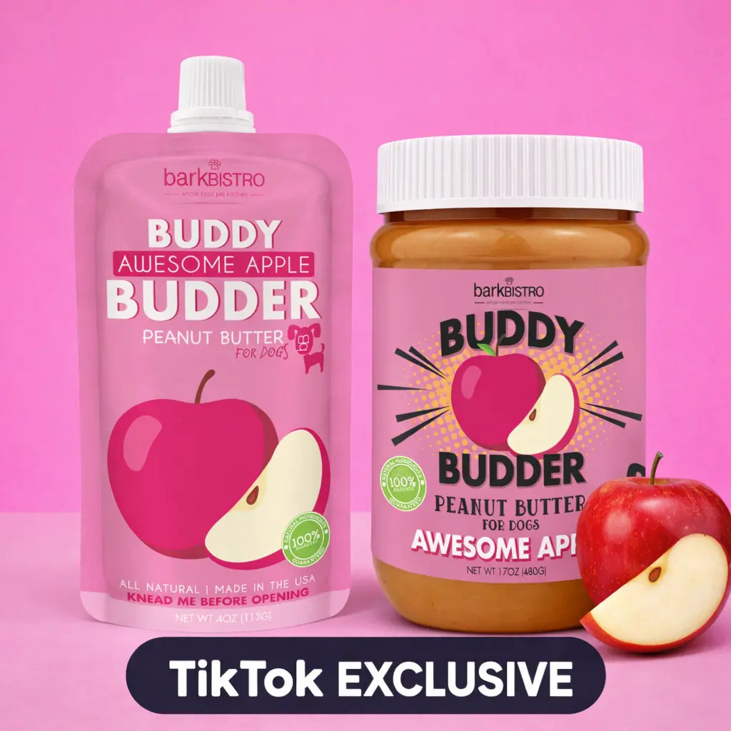 2Pk Awesome Apple Buddy Budder Dog Peanut Butter Treat 17Oz + 4Oz Squeeze Pouch - All Natural, Perfect for Dog Enrichment, Treating, Training, Traveling