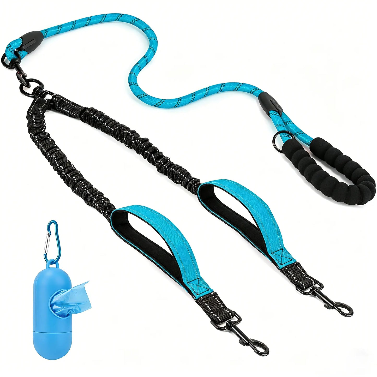 Double Dog Leash – Tangle Free Dual Leash with 360° Swivel, Shock Absorbing Bungee, Reflective Stitching & Hand-Braided Main Rope for Two Dogs
