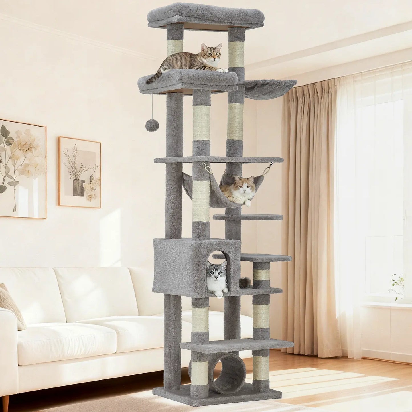 74-Inch Heavy-Duty Multi-Level Cat Tower for Large Cats with Condos, Hammock, and Sisal Scratching Posts - Stable Indoor Cat Playpen with Extra Wide Platforms in Grey