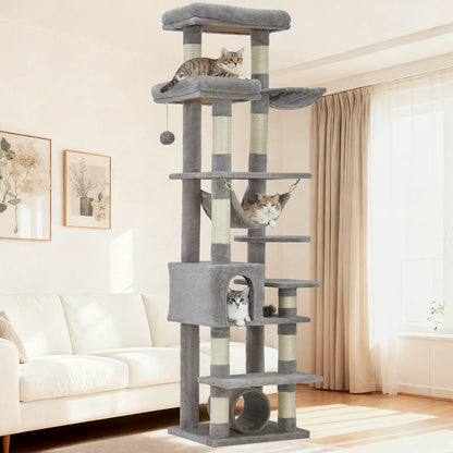 74-Inch Heavy-Duty Multi-Level Cat Tower for Large Cats with Condos, Hammock, and Sisal Scratching Posts - Stable Indoor Cat Playpen with Extra Wide Platforms in Grey