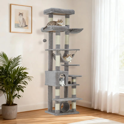 74-Inch Heavy-Duty Multi-Level Cat Tower for Large Cats with Condos, Hammock, and Sisal Scratching Posts - Stable Indoor Cat Playpen with Extra Wide Platforms in Grey
