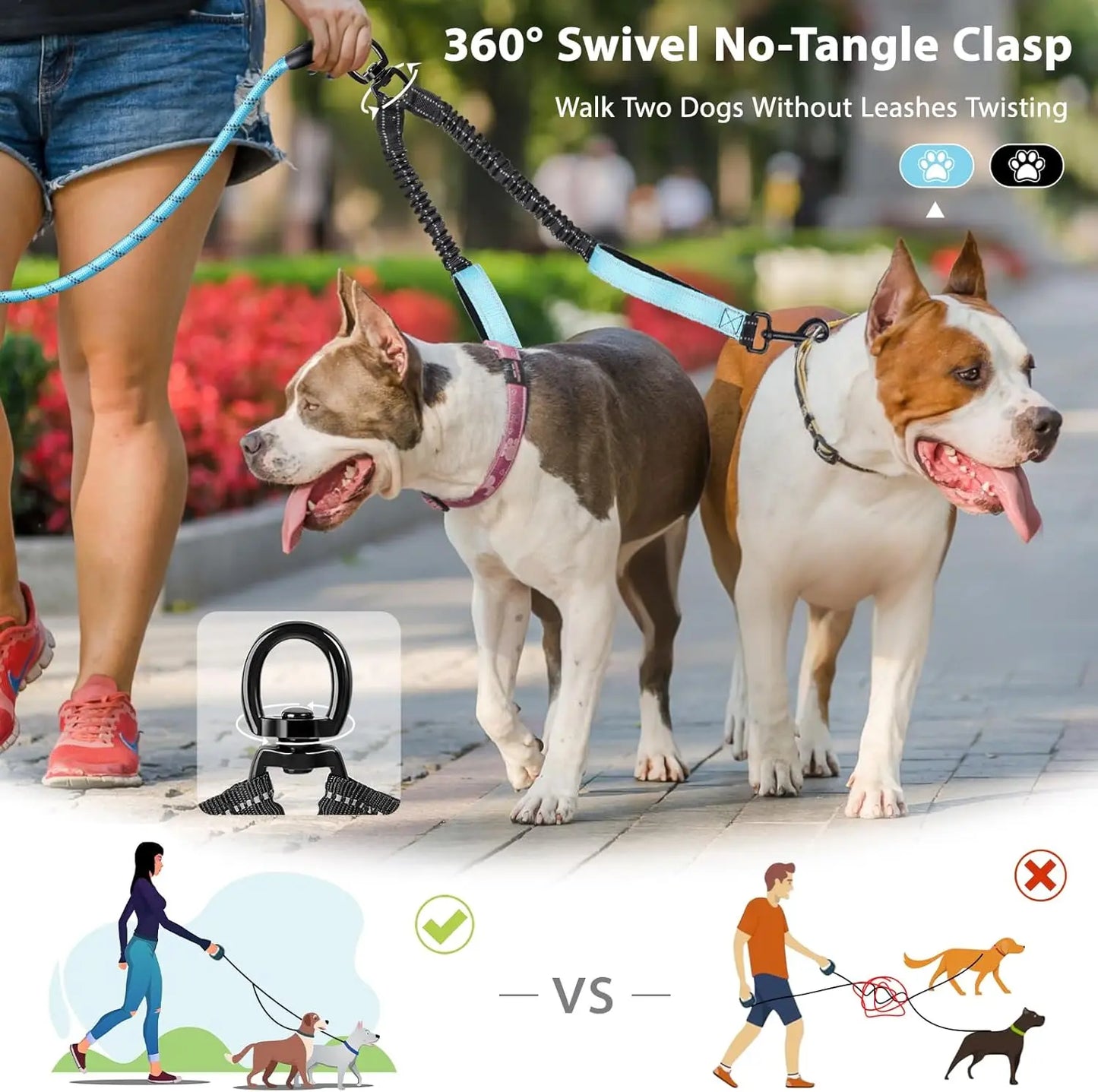 Double Dog Leash – Tangle Free Dual Leash with 360° Swivel, Shock Absorbing Bungee, Reflective Stitching & Hand-Braided Main Rope for Two Dogs
