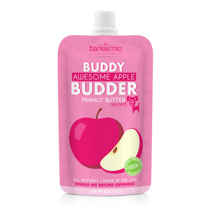 2Pk Awesome Apple Buddy Budder Dog Peanut Butter Treat 17Oz + 4Oz Squeeze Pouch - All Natural, Perfect for Dog Enrichment, Treating, Training, Traveling