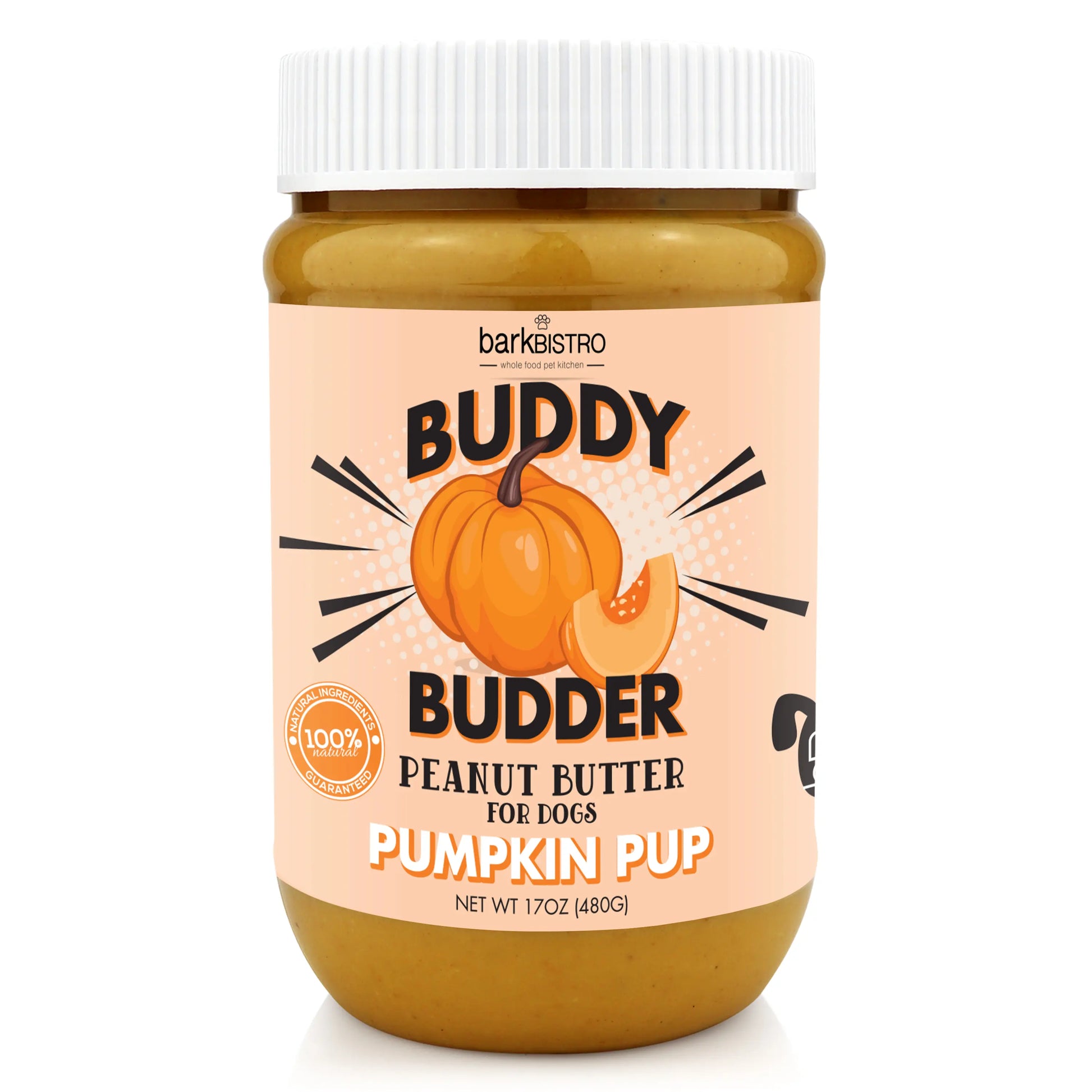 2Pk Pumpkin Pup Buddy Budder 17Oz + 4Oz Squeeze Pouch- Peanut Butter Dog Treat, All Natural, Perfect for Enrichement, Training, Treat